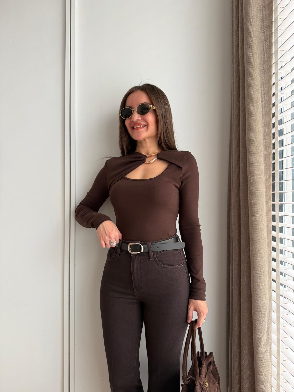 Kahve rengi Ön Toka Detaylı Bluz 17093