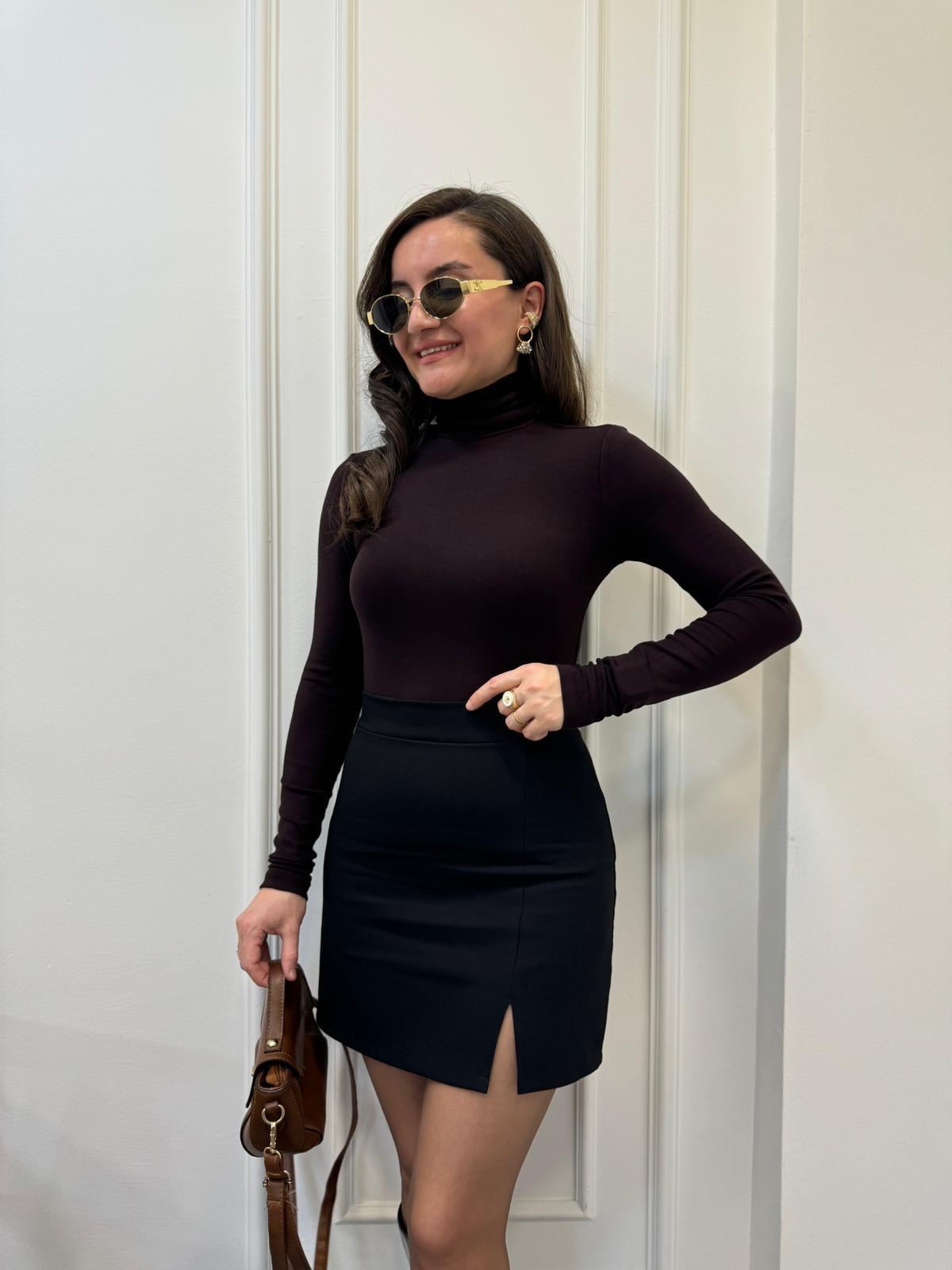 Kahve rengi Özel Dokulu Balıkçı Yaka Bluz 16560