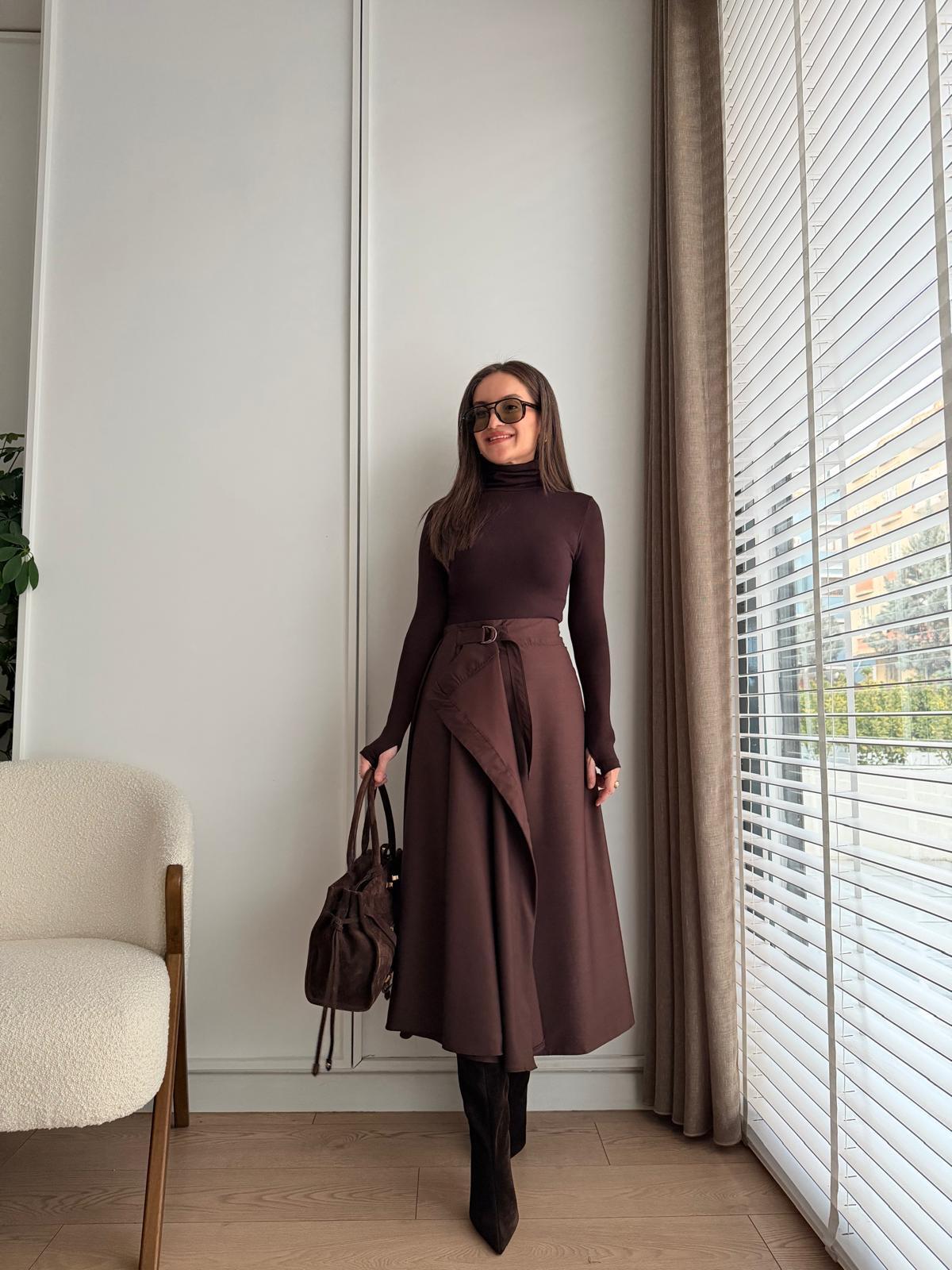Kahve rengi Pile Detaylı Midi Boy Etek 36978