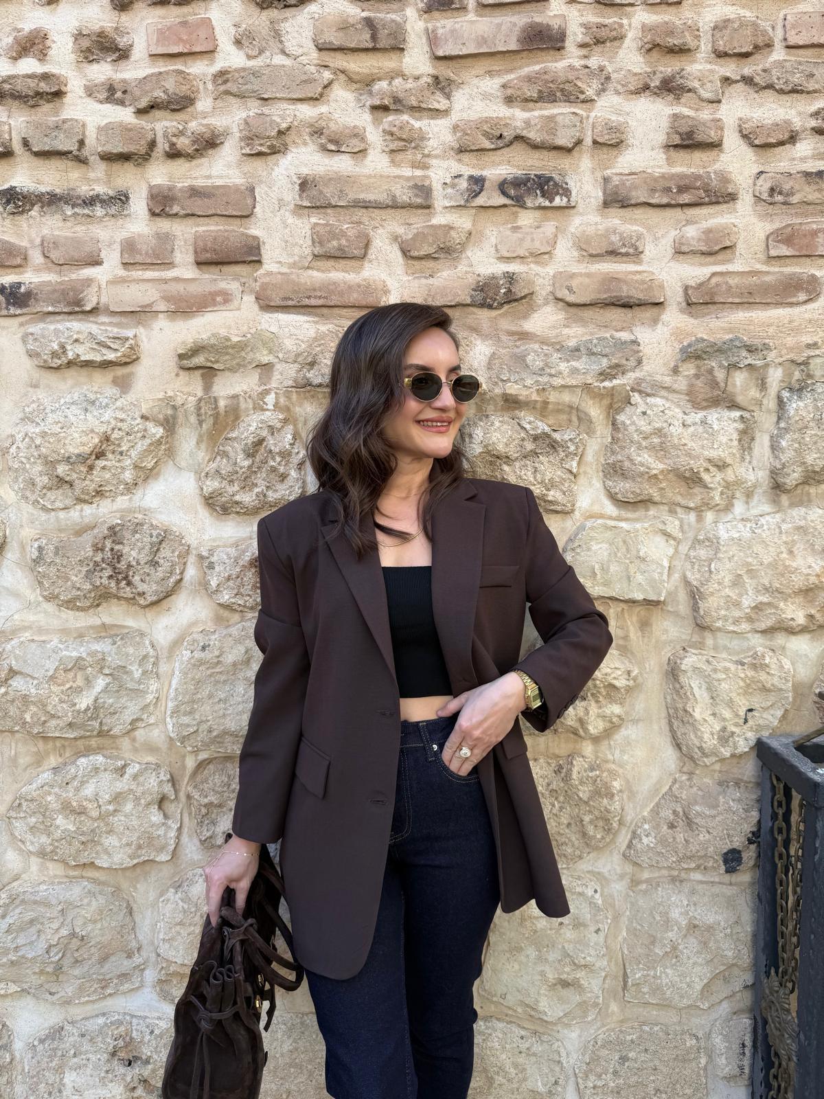 Kahve rengi Premium Seri Arkası Düğme Detaylı Blazer Ceket 4040