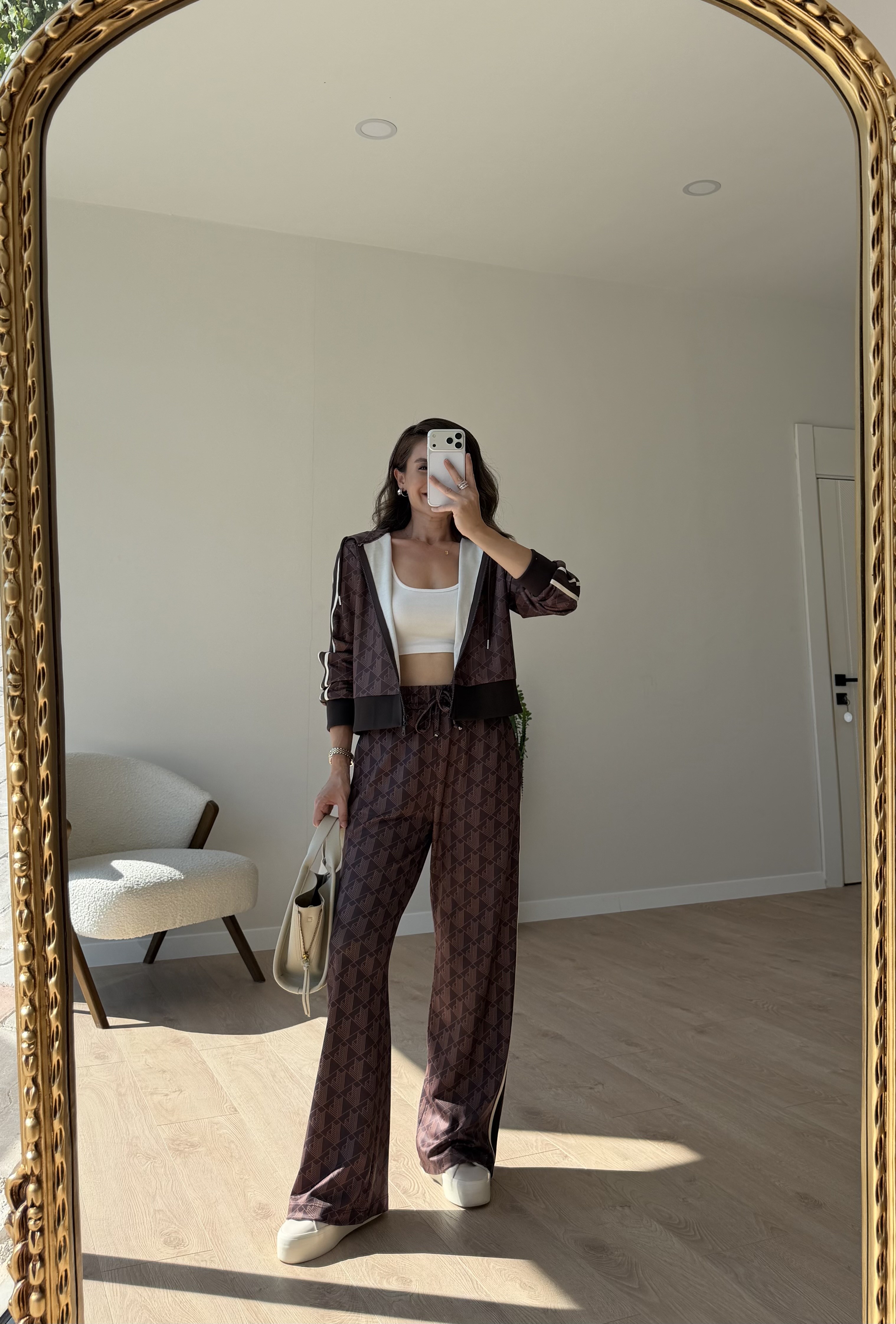 Kahve rengi Şeritli Kapuşonlu Sweatshirt Takım 2239