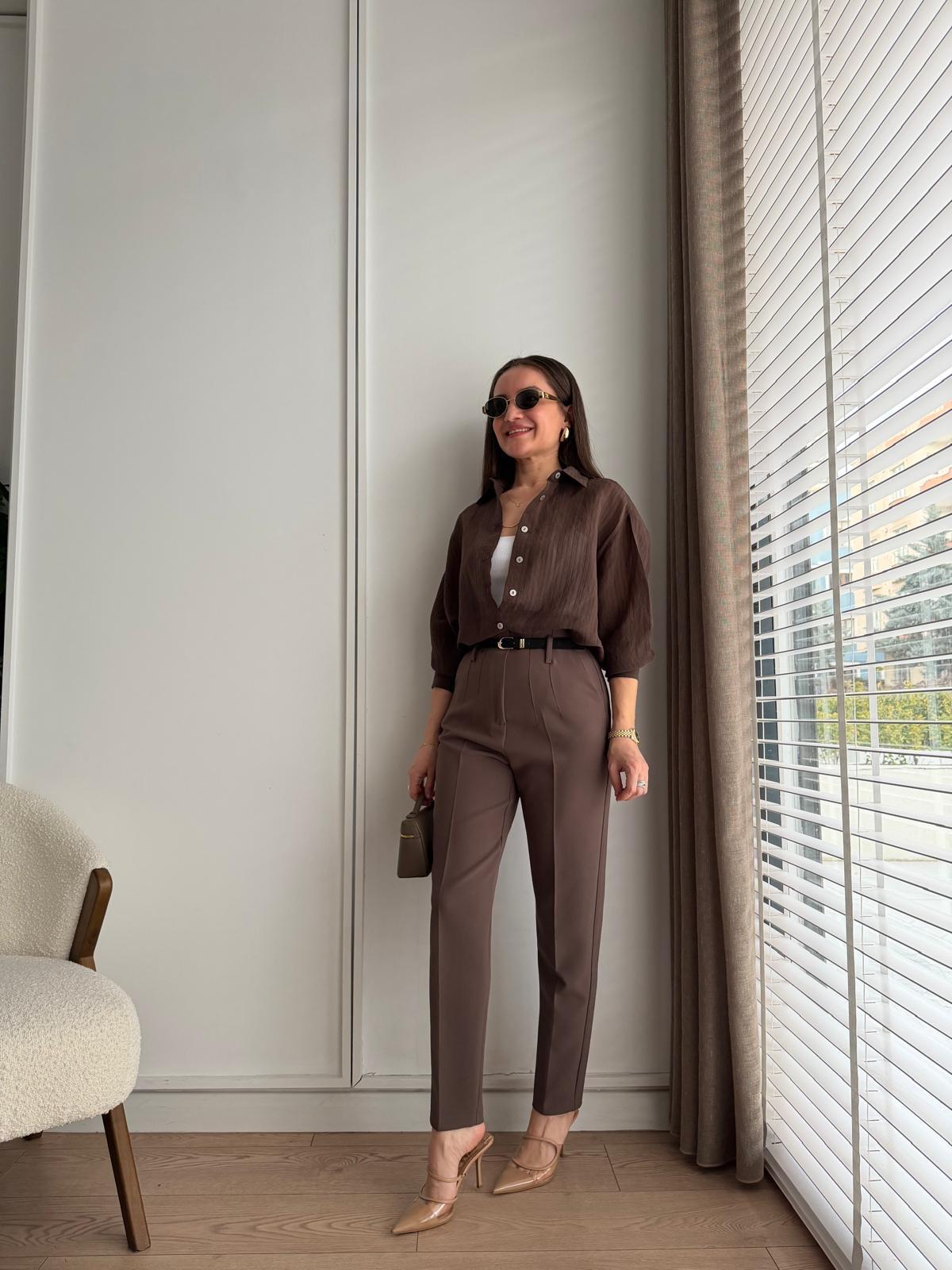 Kahve rengi Süet Kemerli Pensli Pantolon 51269