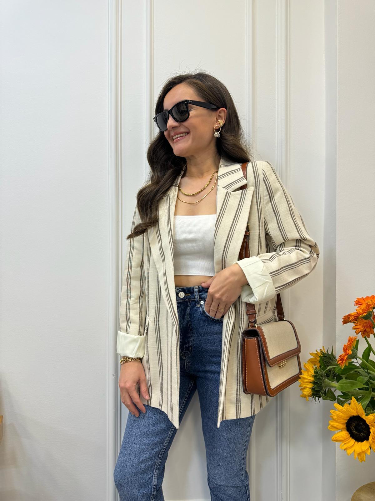 Kahve rengi Taş Premıum Kalite Çizgili Naturel Keten Blazer Ceket 9424