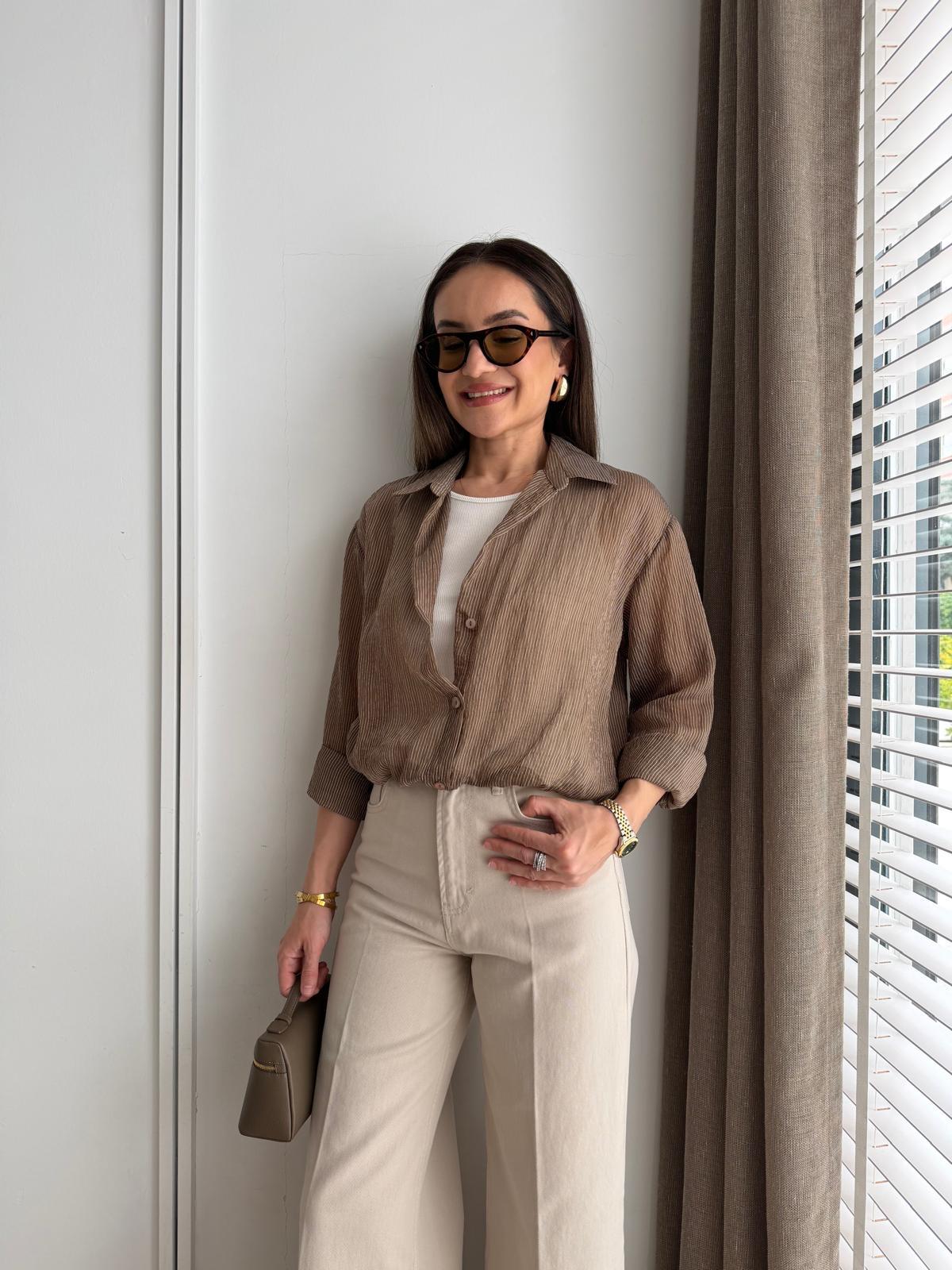Kahve rengi Transparan Çizgili Atlet Gömlek 2282
