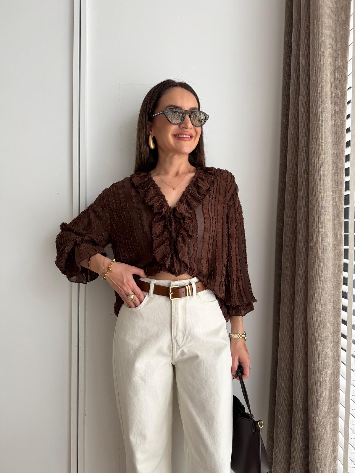 Kahve rengi V Yaka Volanlı Dokuma Kimono 1094
