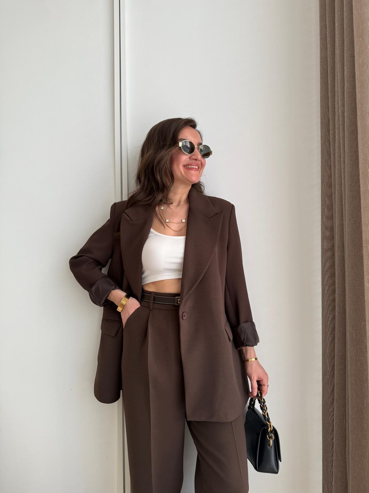 Kahve rengi Vatkalı Düğmeli Blazer Ceket 7462