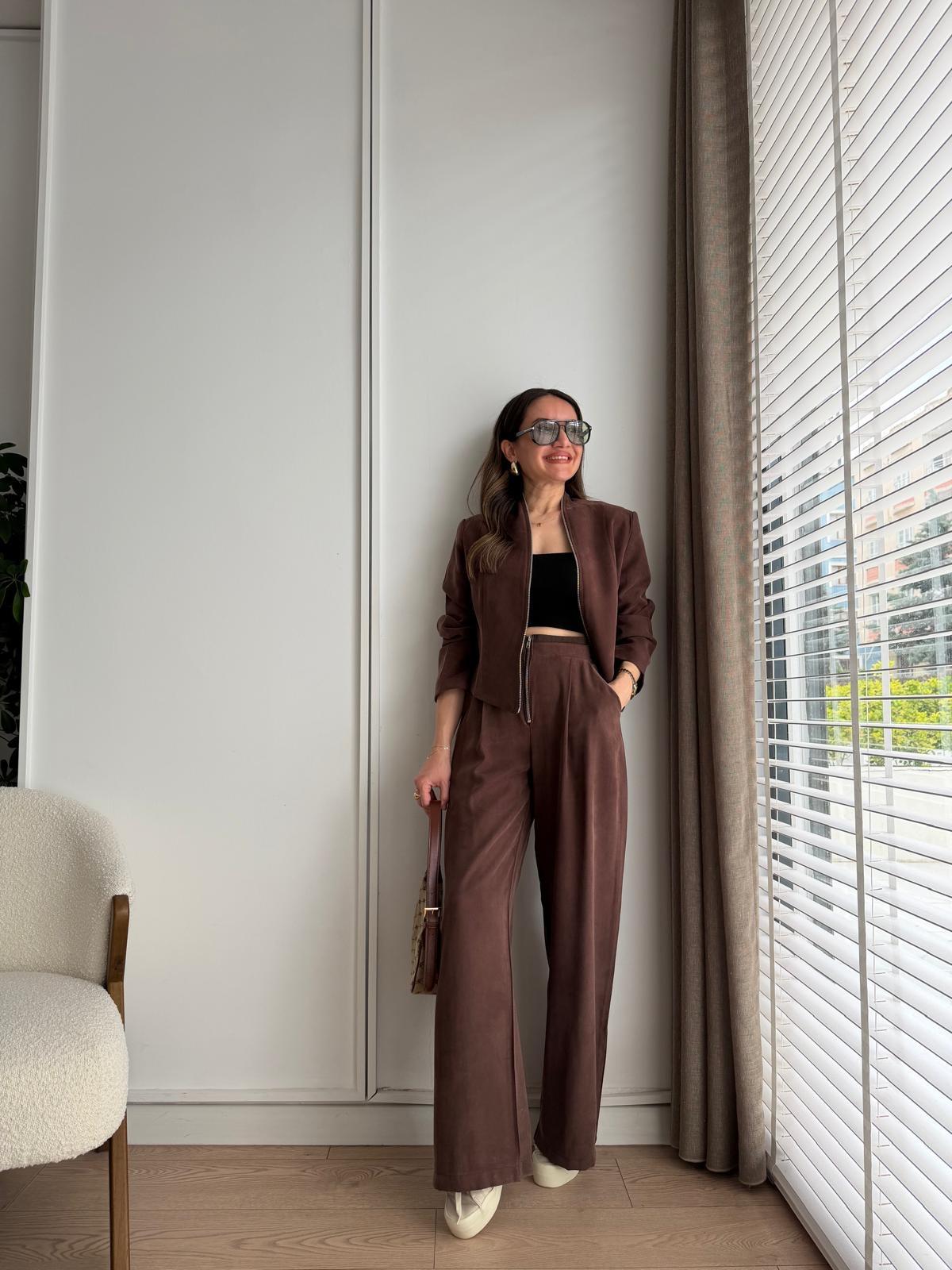 Kahve rengi Vatkalı Zincirli Kısa Ceket Pantolon Takım 7160