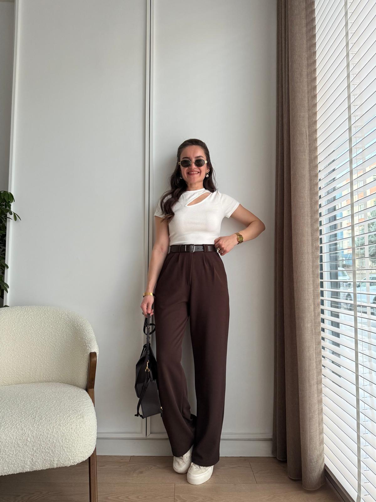 Kahve rengi Yüksek Bel Kemerli Palazzo Pantolon 3851