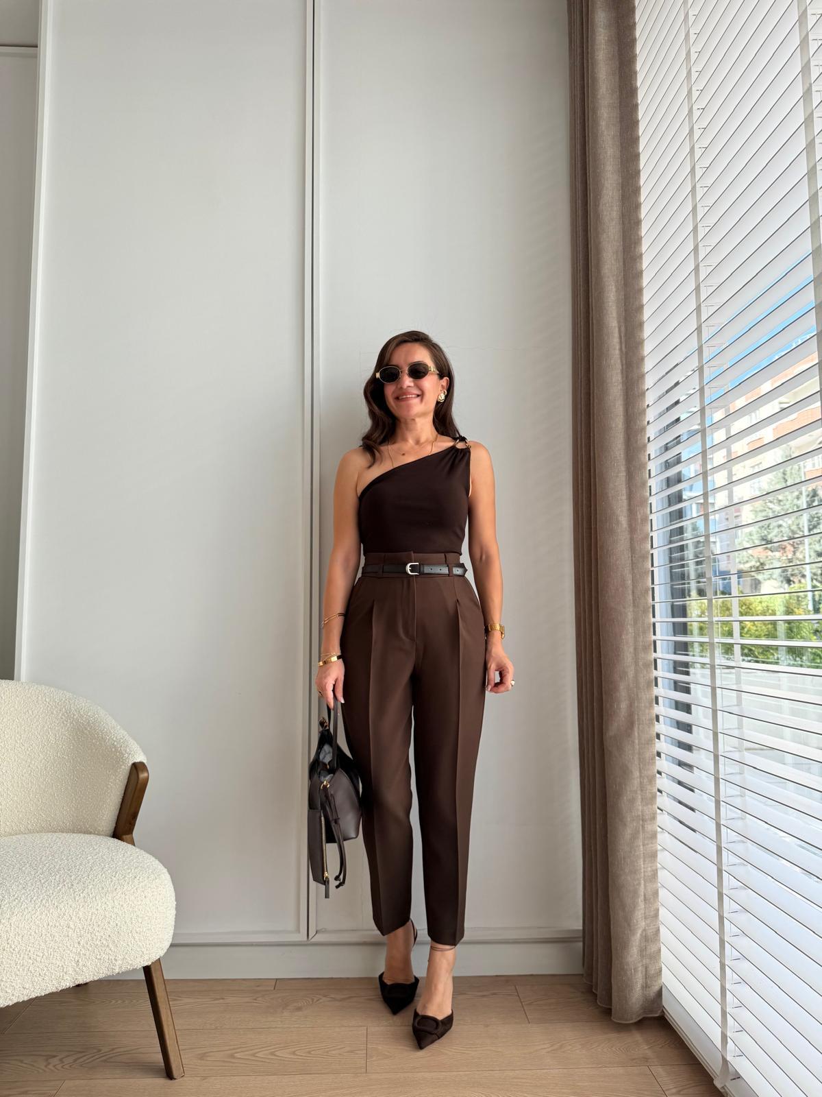 Kahve rengi Yüksek Bel Kemerli Pantolon 3790