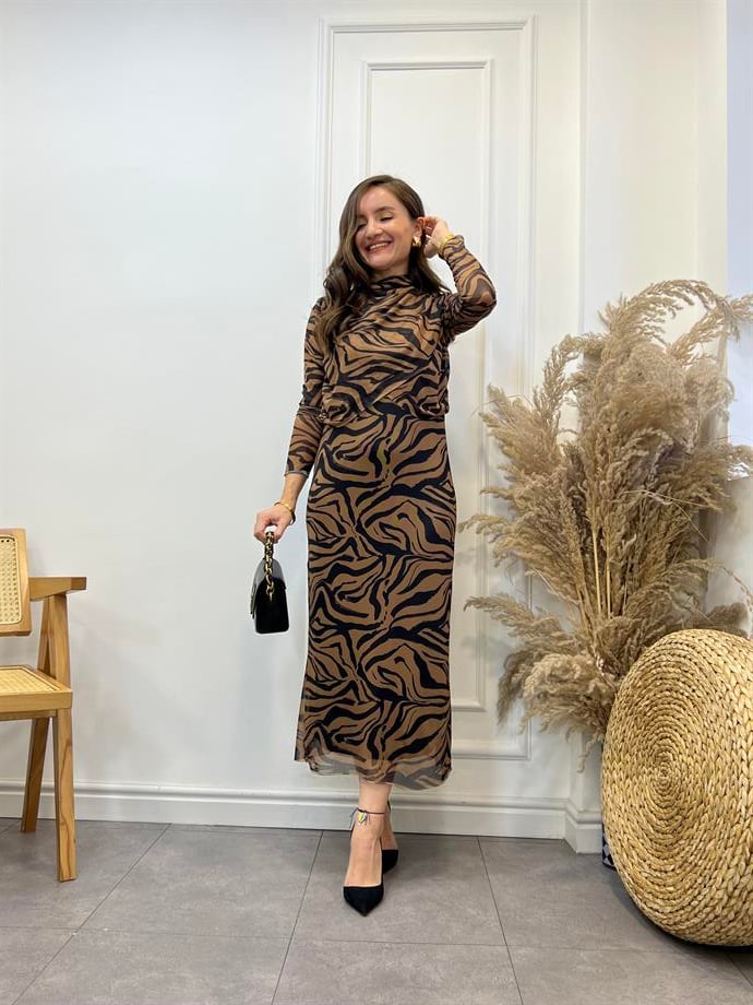 Kahve Siyah Zebra Desen Lüx Kalite Tasarım Elbise 28051
