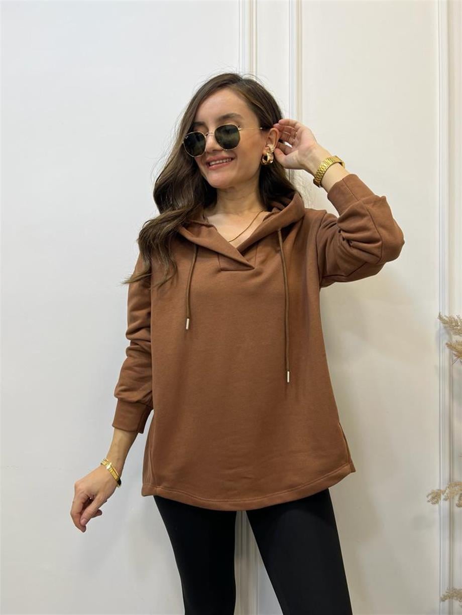 Kahverengi V Yaka Kapüşonlu Sweatshirt 5054