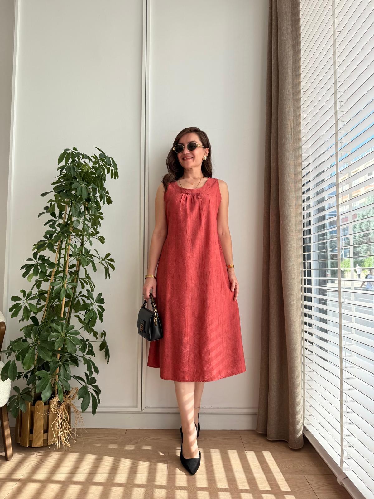 Kiremit Bambu Kumaş Sıfır Kol Elbise 504