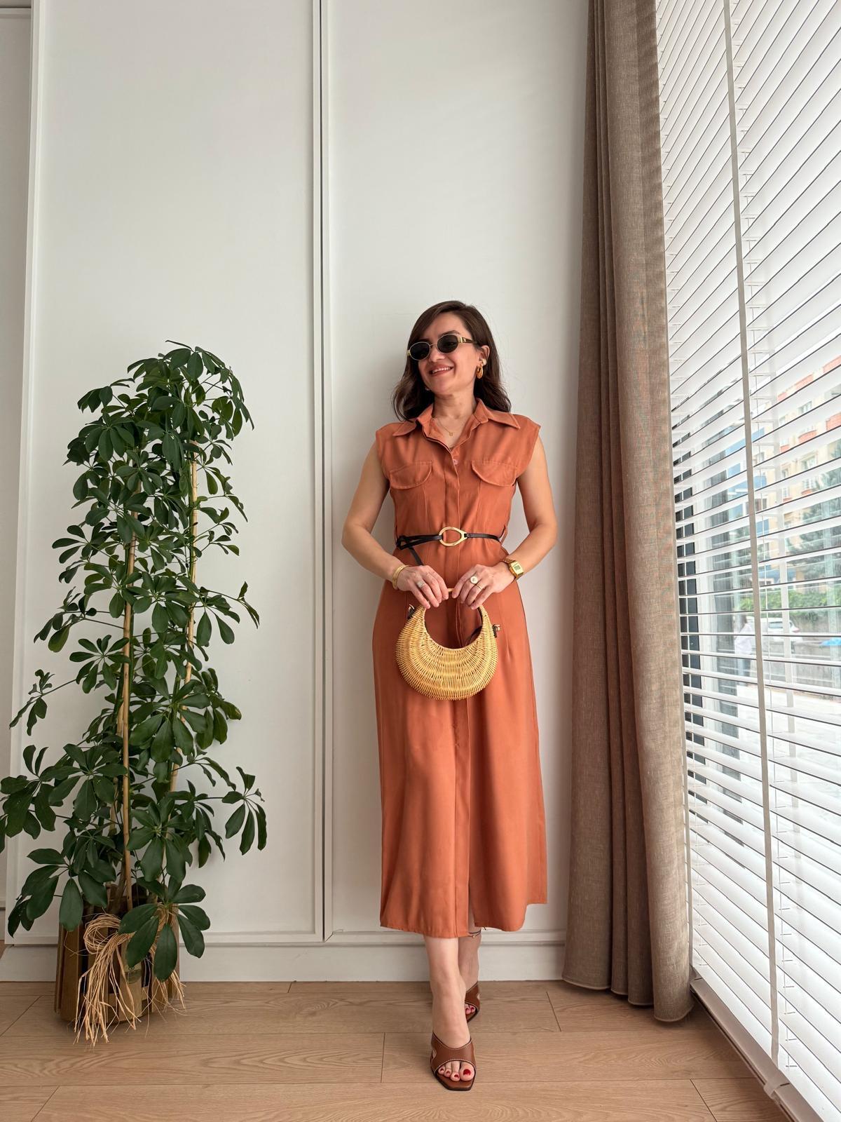 Kiremit Cep Detaylı Kemerli Elbise 8130