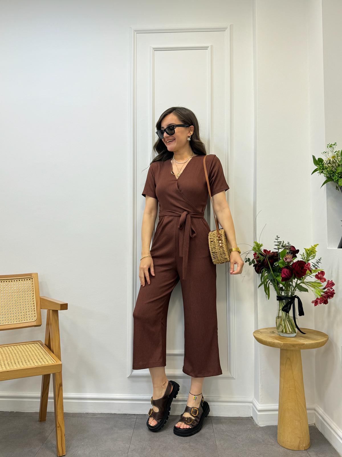 Kiremit Kruvaze Yaka Bel Bağlama Detaylı Tulum 4188