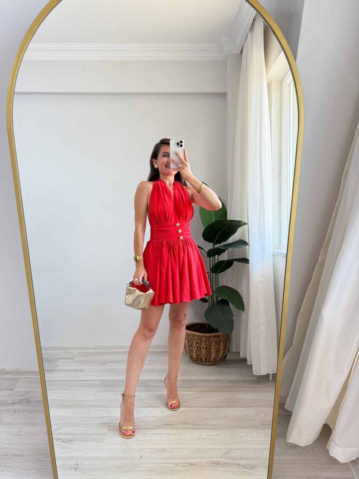 Kırmızı Boyundan Bağlamalı Sırt Dekolteli Mini Elbise 6233