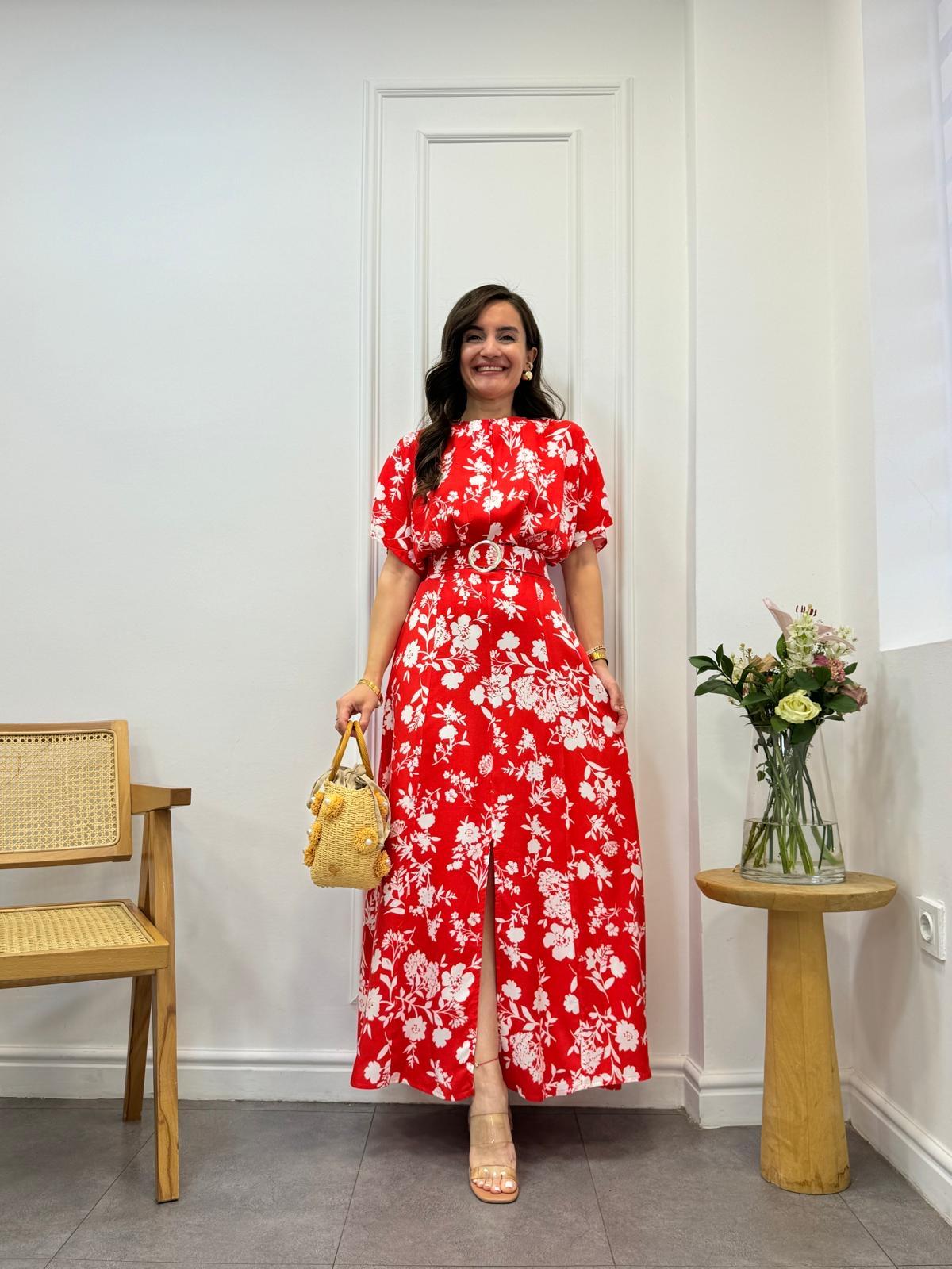 Kırmızı Göğüs Pileli Yarasa Kol Viskon Elbise 3106