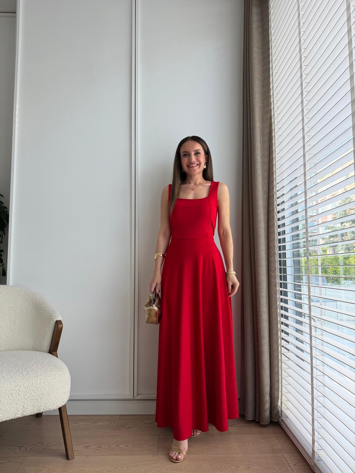 Kırmızı Kalın Askılı Belden Bağlamalı Elbise 221063