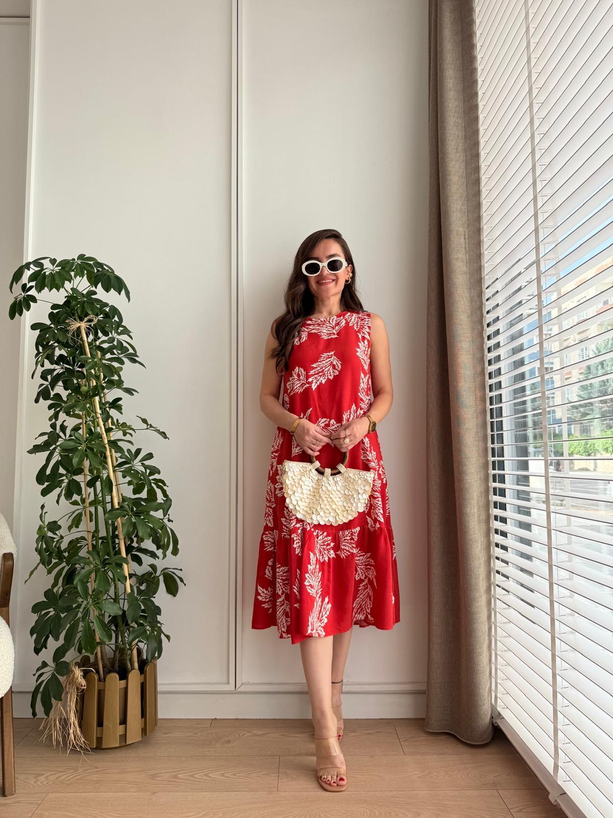 Kırmızı Sıfır Kol Yaprak Desenli Elbise 23662