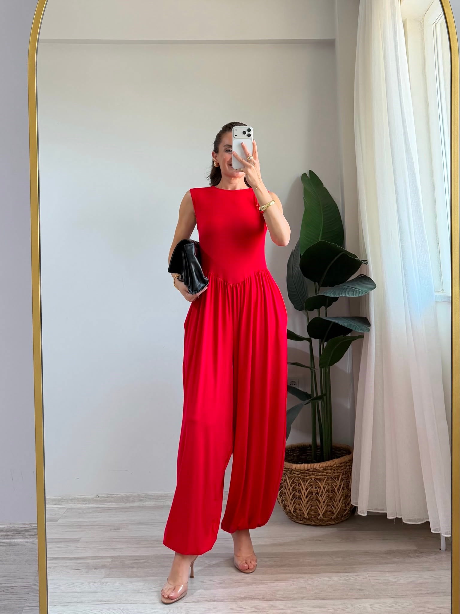Kırmızı V Bel Dikişli Balon Paça Tulum 4144