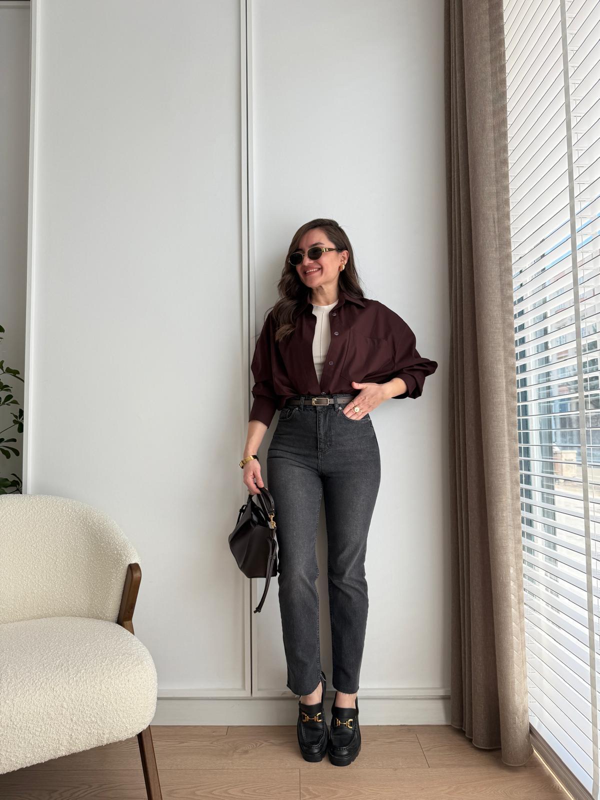 Koyu gri Yüksek Bel Paçası Kesik Mom Jean 0520