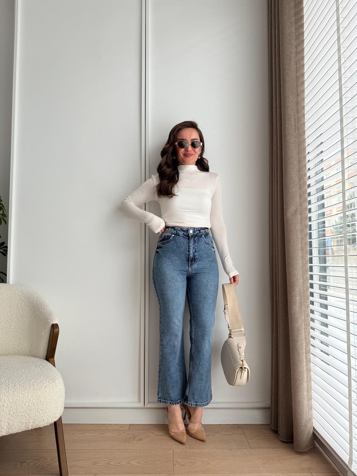 Koyu mavi Bel Toka Detaylı Flare Jean 251002