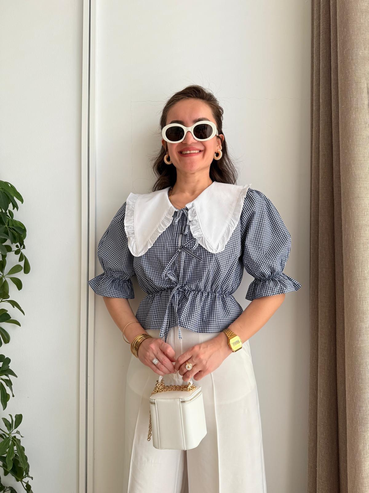 Lacivert Bebe Yaka Bağlama Detaylı Bluz 34673