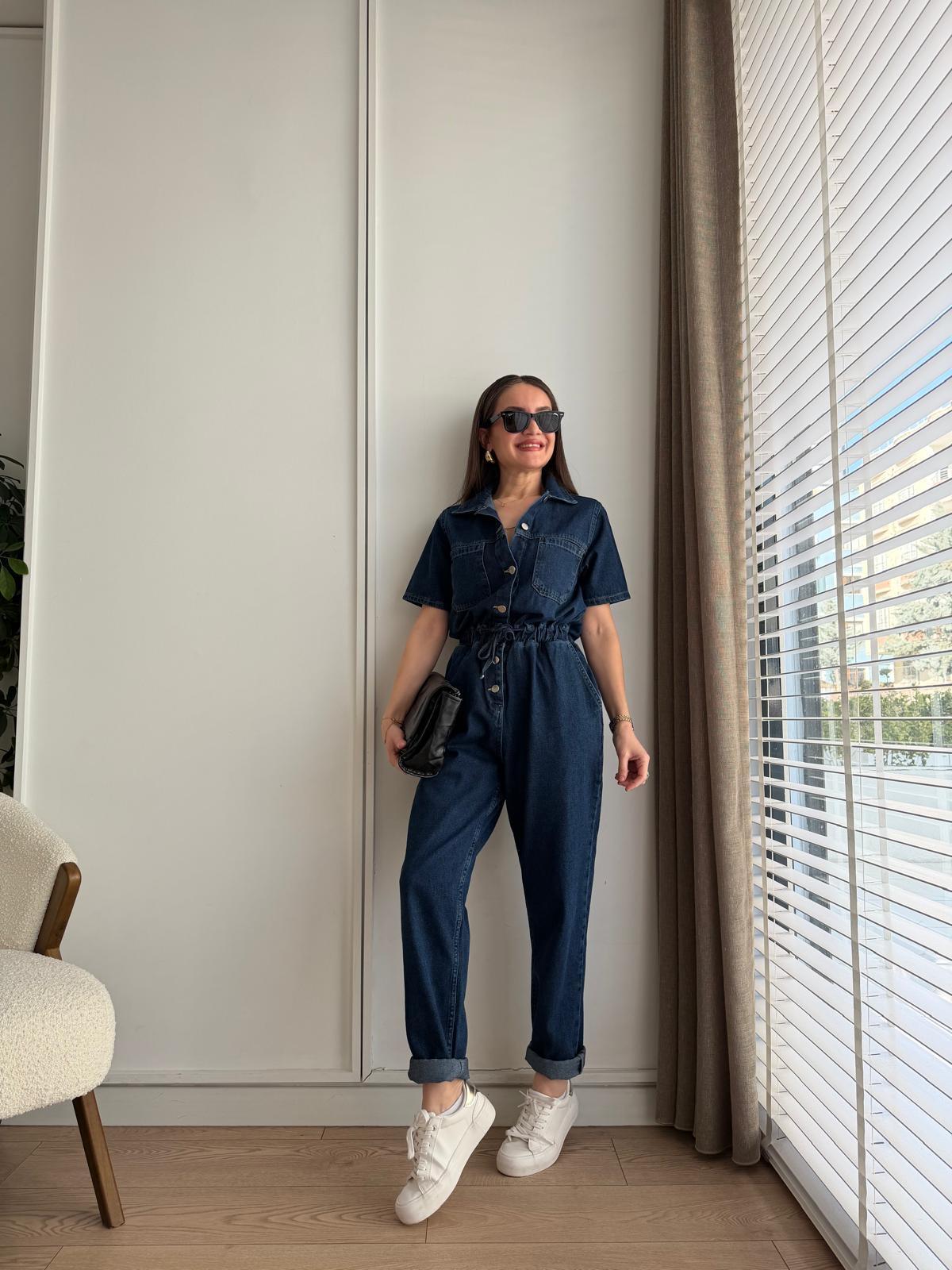 Lacivert Bel Bağlamalı Kısa Kollu Denim Tulum 22451