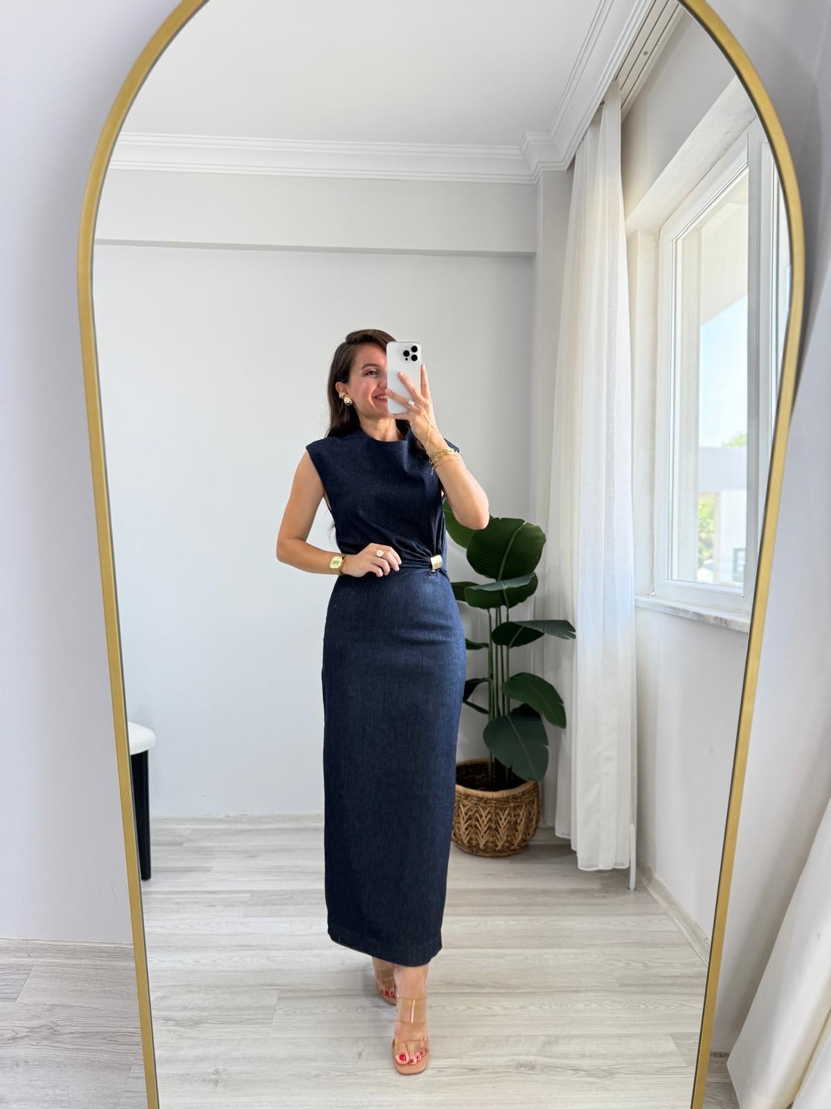 Lacivert Bel Toka Detaylı Denim Elbise 8192