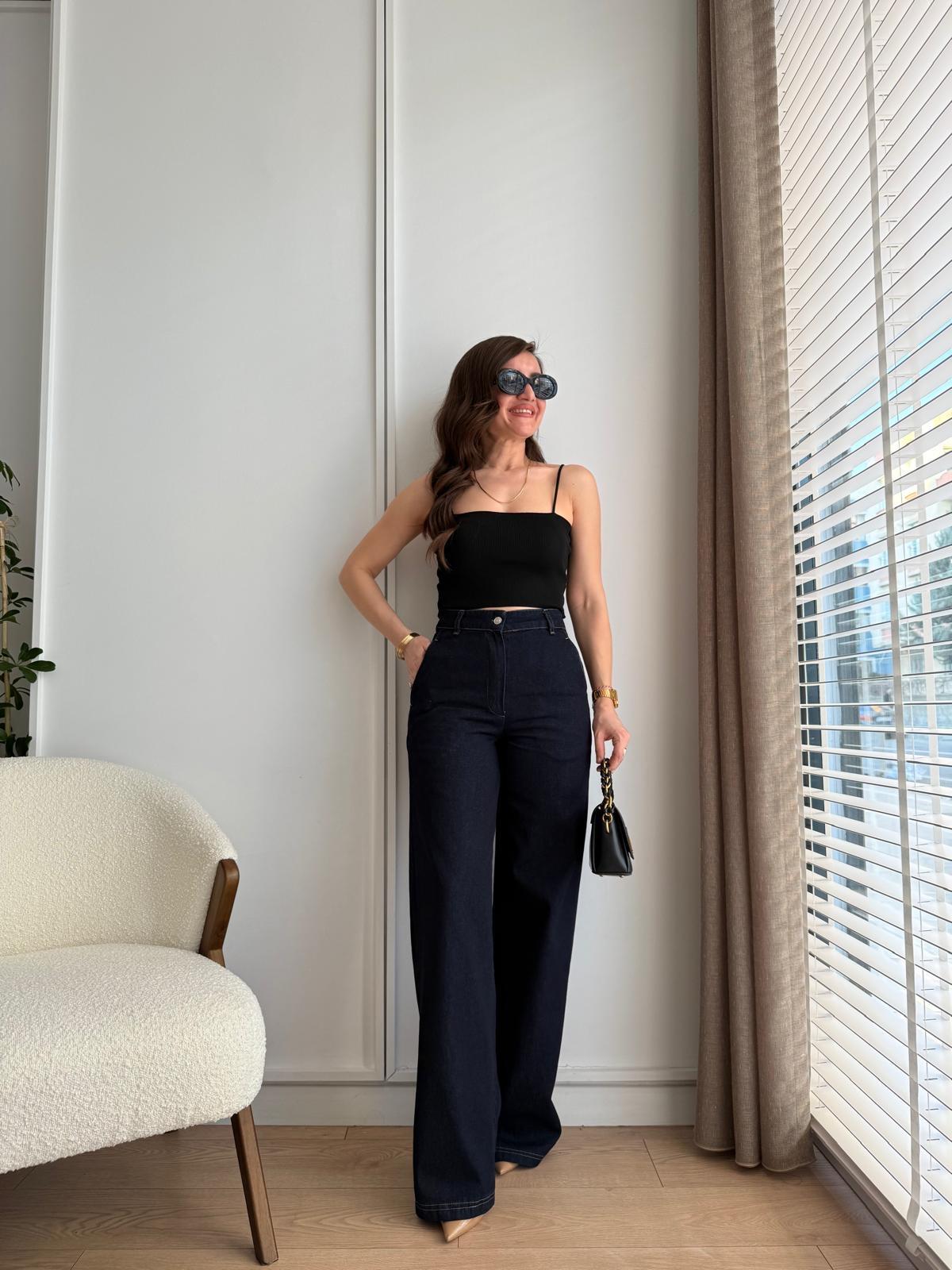 Lacivert Bol Paça Denim Pantolon 3788