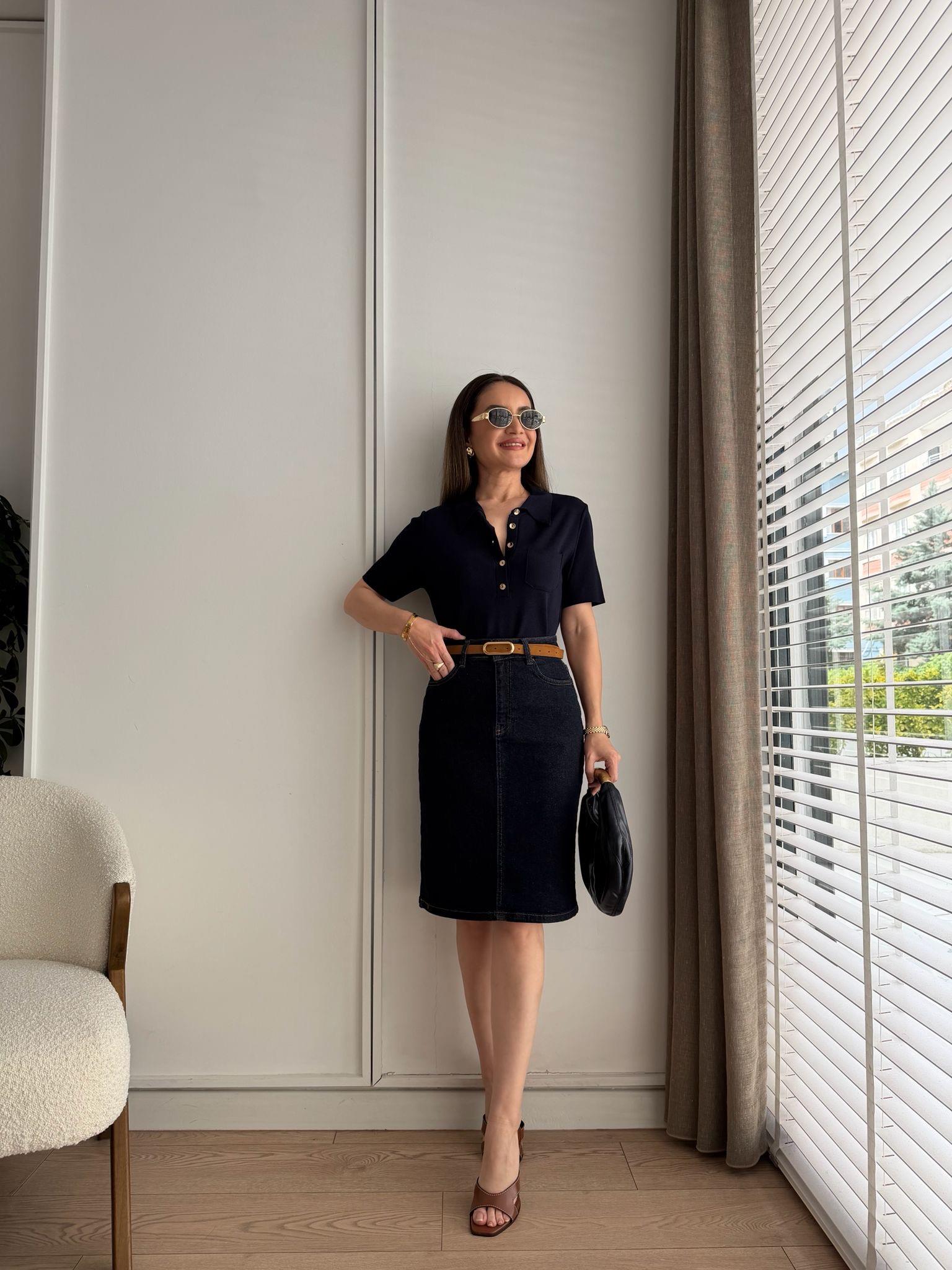 Lacivert Cepli Denim Kemerli Etek KA1039