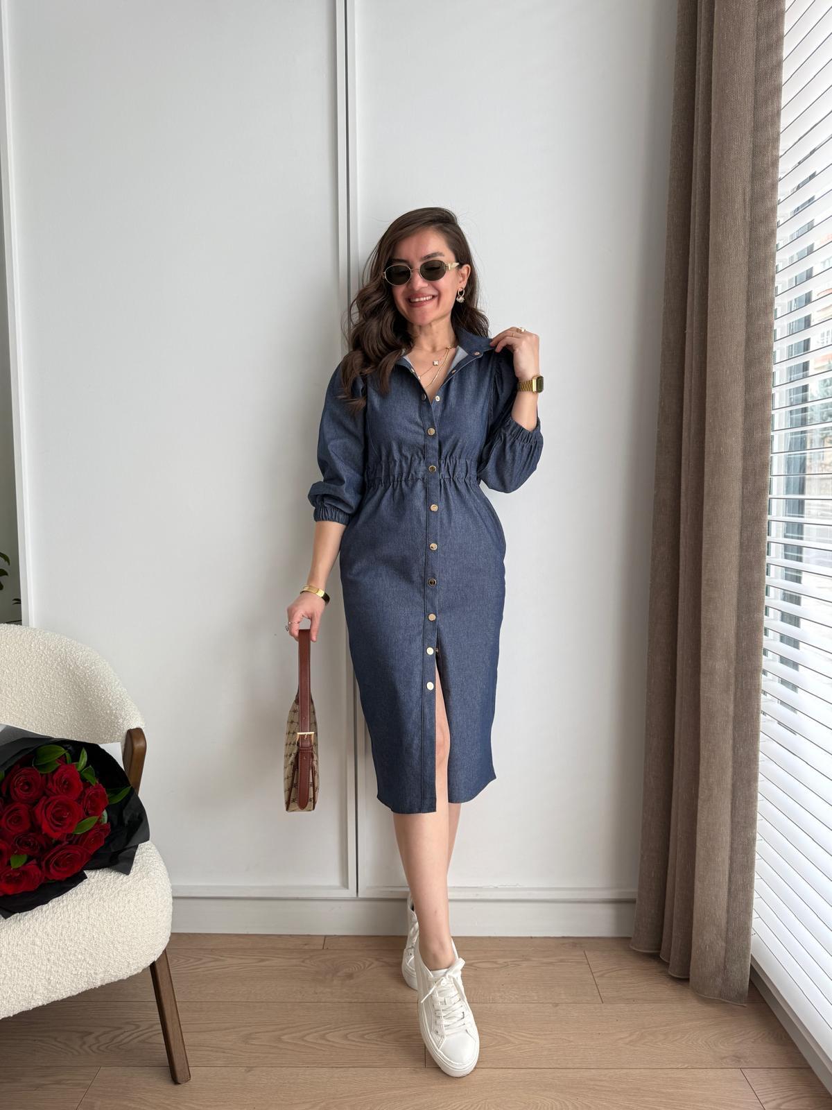 Lacivert Çıtçıt Düğmeli Bel Lastikli Kot Gömlek Elbise 1014