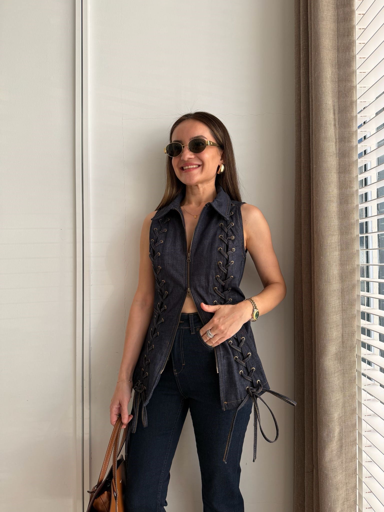 Lacivert Denim Korse Bağcıklı Yelek 37517