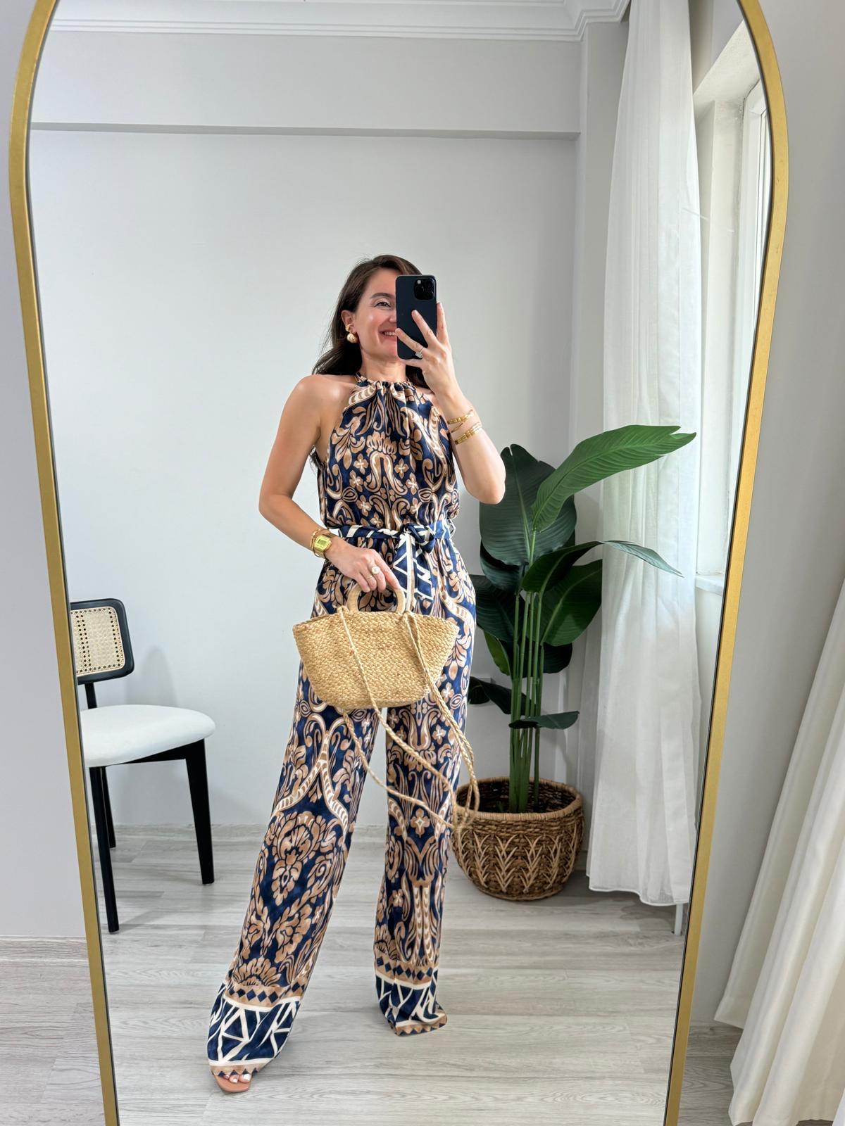 Lacivert Desenli Halter Yaka Bel Lastikli Kuşaklı Tulum  3528