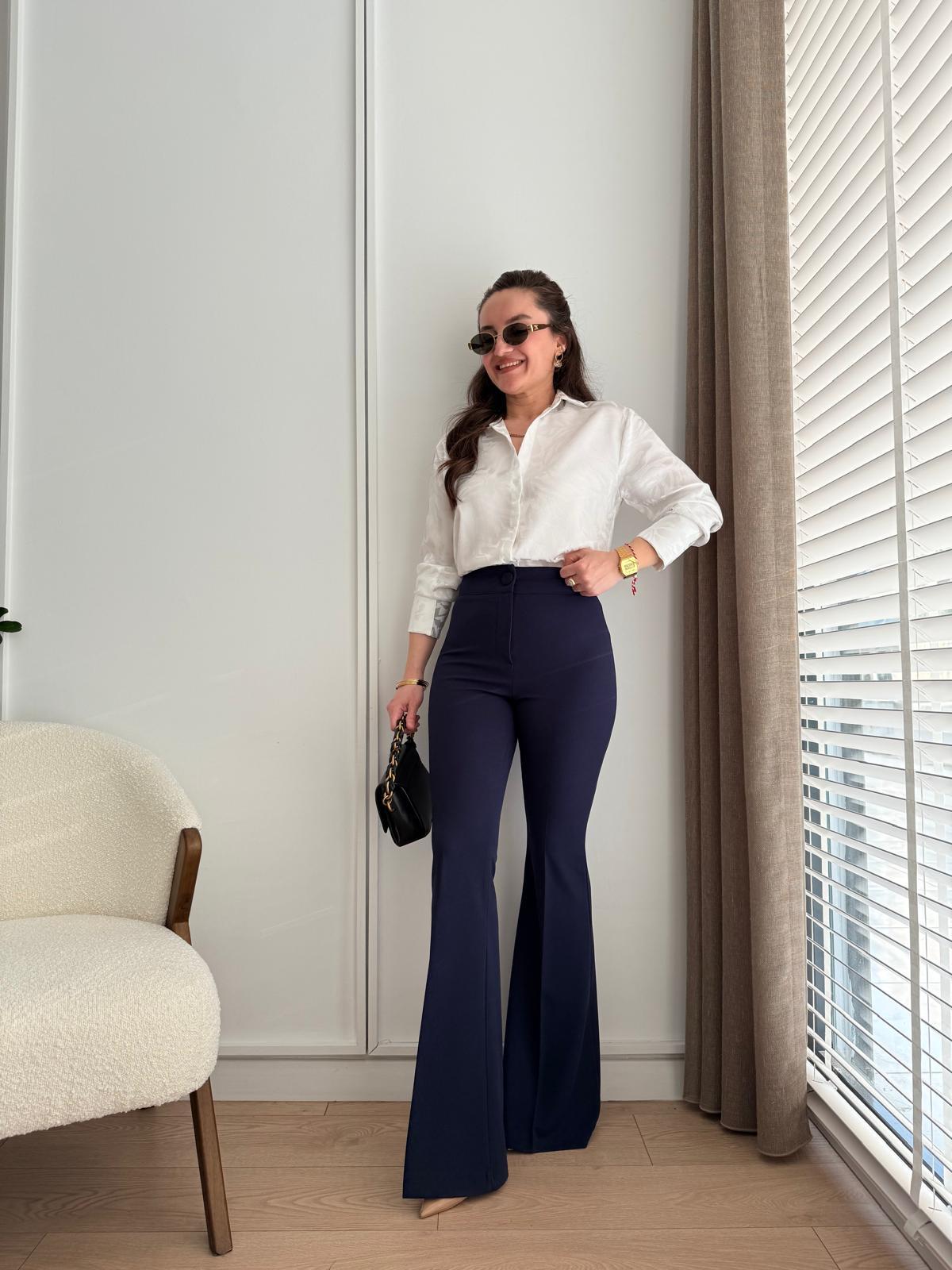 Lacivert Düğme Detaylı İspanyol Paça Pantolon 9029