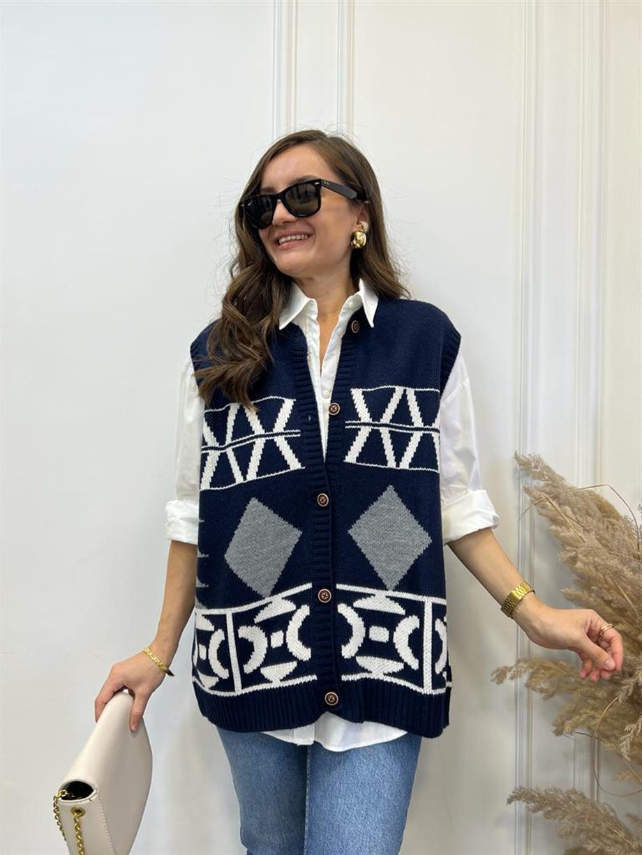 Lacivert Ekru Desenli Bisiklet Yaka Düğmeli Uzun Yelek 231001