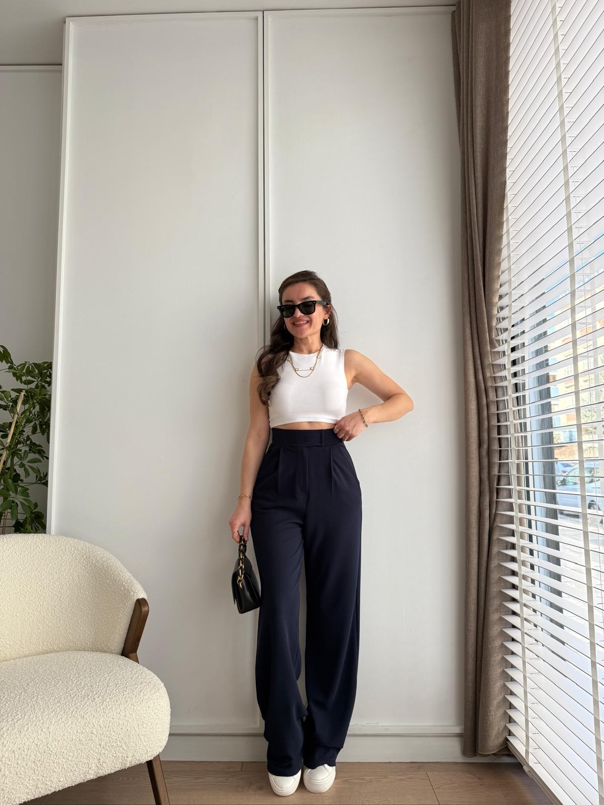 Lacivert Full Likralı Bel Detaylı Palazzo Pantolon 3826
