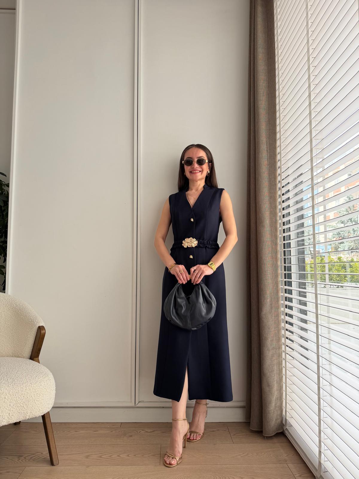 Lacivert Gold Düğme Detaylı Kemerli Elbise 8381