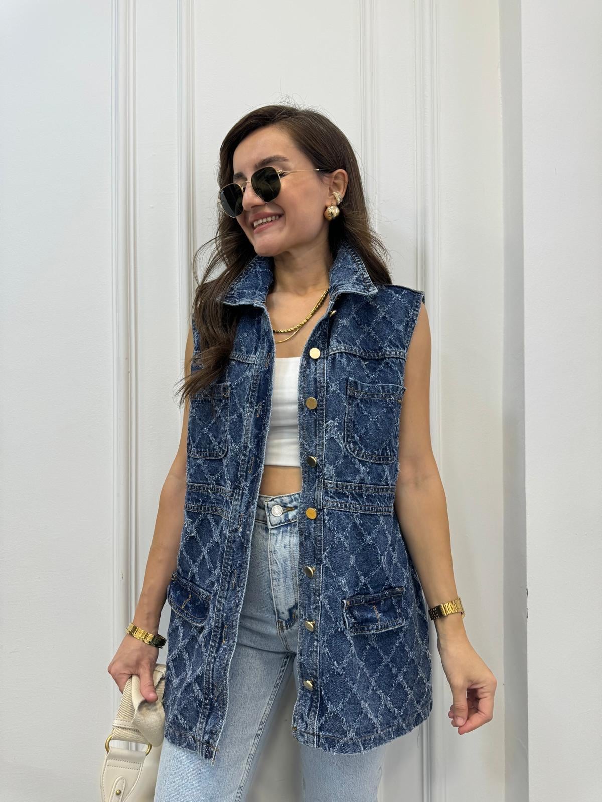 Lacivert Gold Düğmeli Kendinden Desenli Tasarım Kot Yelek 35115