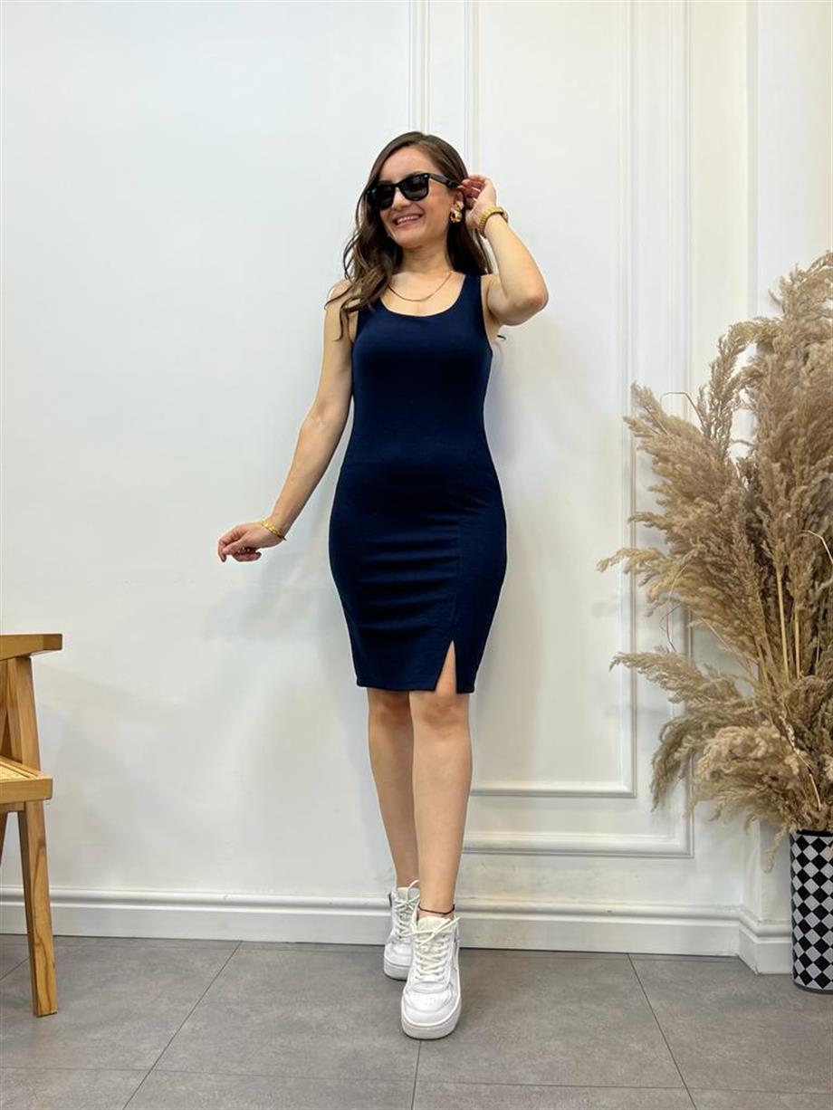 Lacivert Havuz Yaka Yırtmaç Detay Kaşkorse Elbise 8153