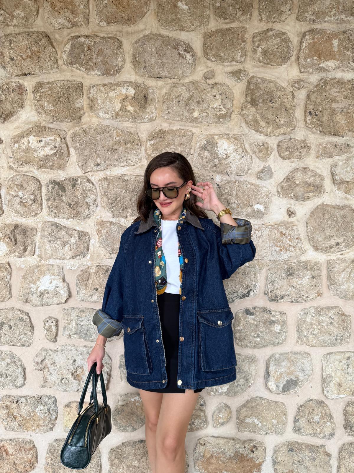 Lacivert Kadife Yaka Cepli Denim Ceket 36781