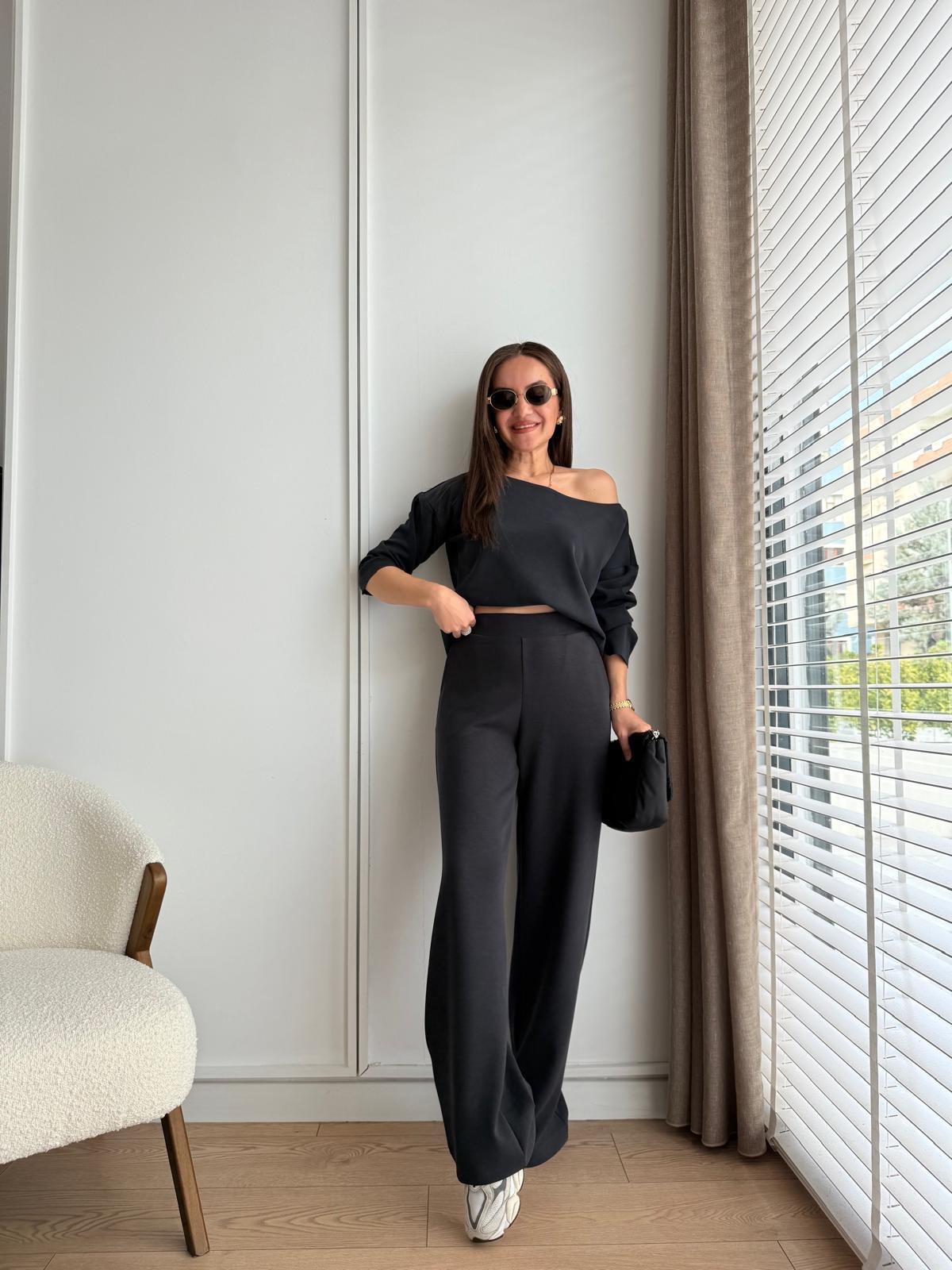 Lacivert Kayık Yaka Modal Kumaş Bluz Pantolon Takım 255335