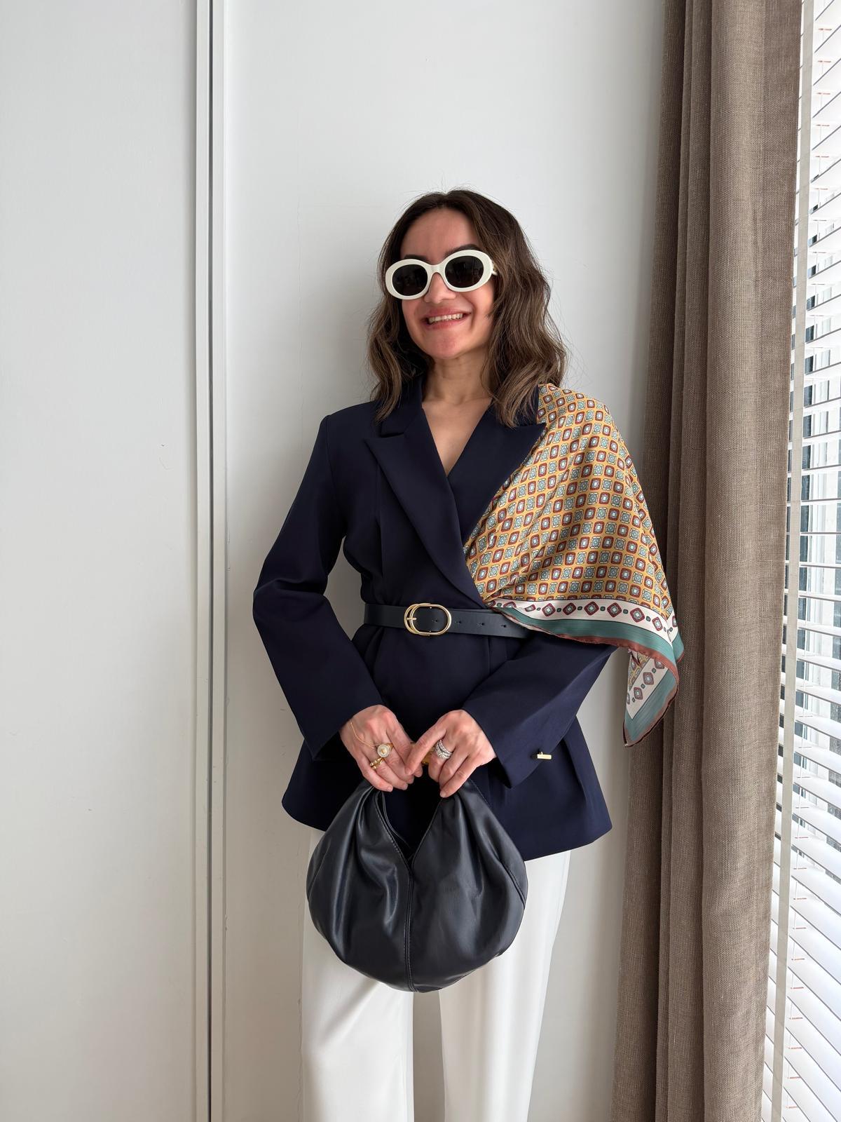Lacivert Kemerli Fular Detaylı Blazer Ceket 6337