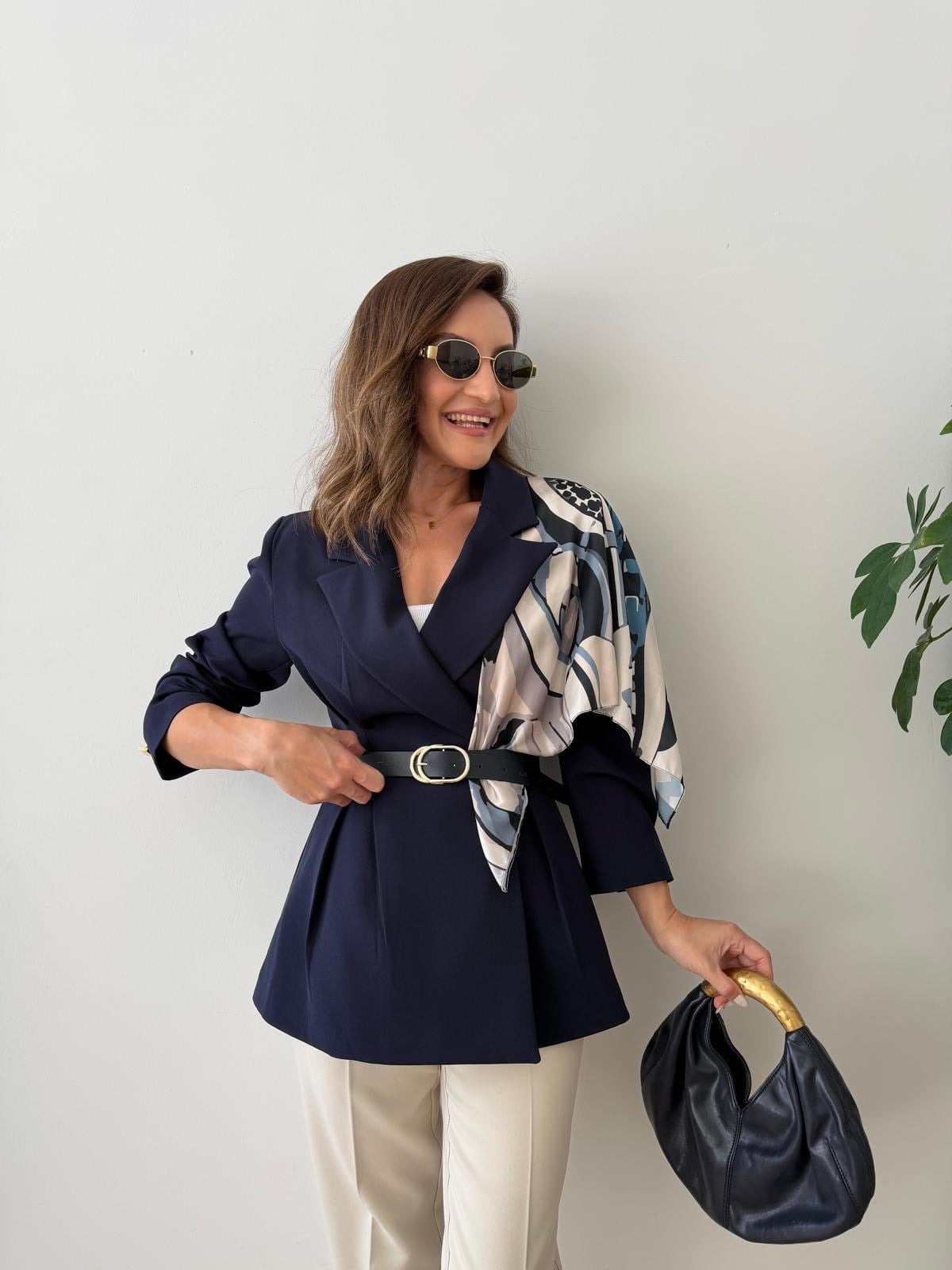 Lacivert Kemerli Fular Detaylı Blazer Ceket 6337