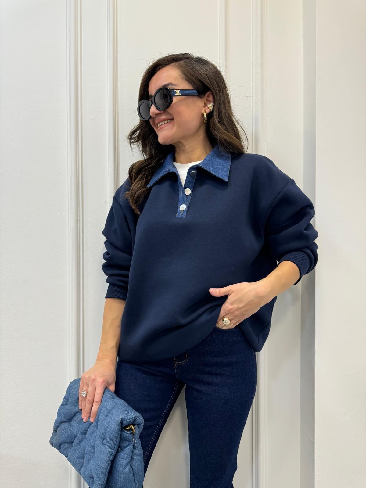Lacivert Kot Yaka Detaylı Sweatshırt 110032