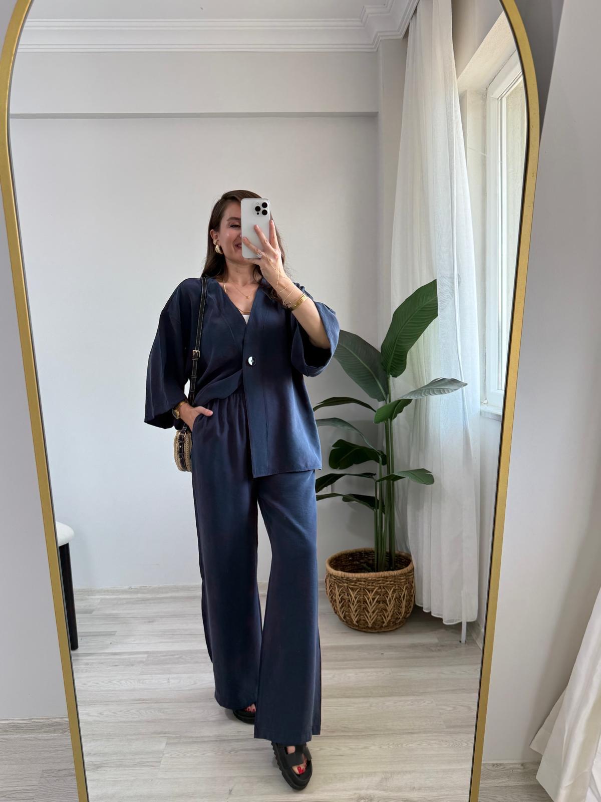 Lacivert Kruvaze Yaka Düğmeli Kimono Takım 1121