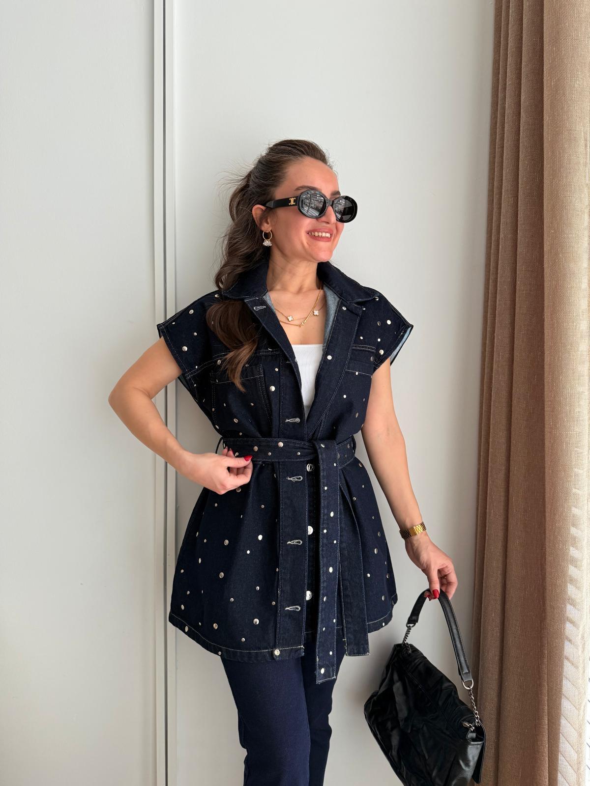 Lacivert Kuşaklı Zımba Detaylı Cepli Denim Yelek 9088