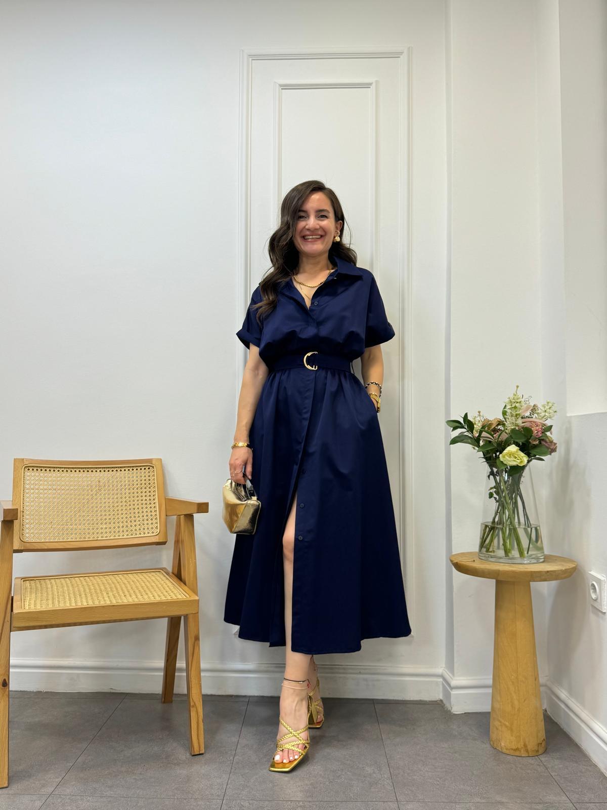 Lacivert Lüx Kalite Kemerli Midi Boy Kısa Kol Elbise 29679