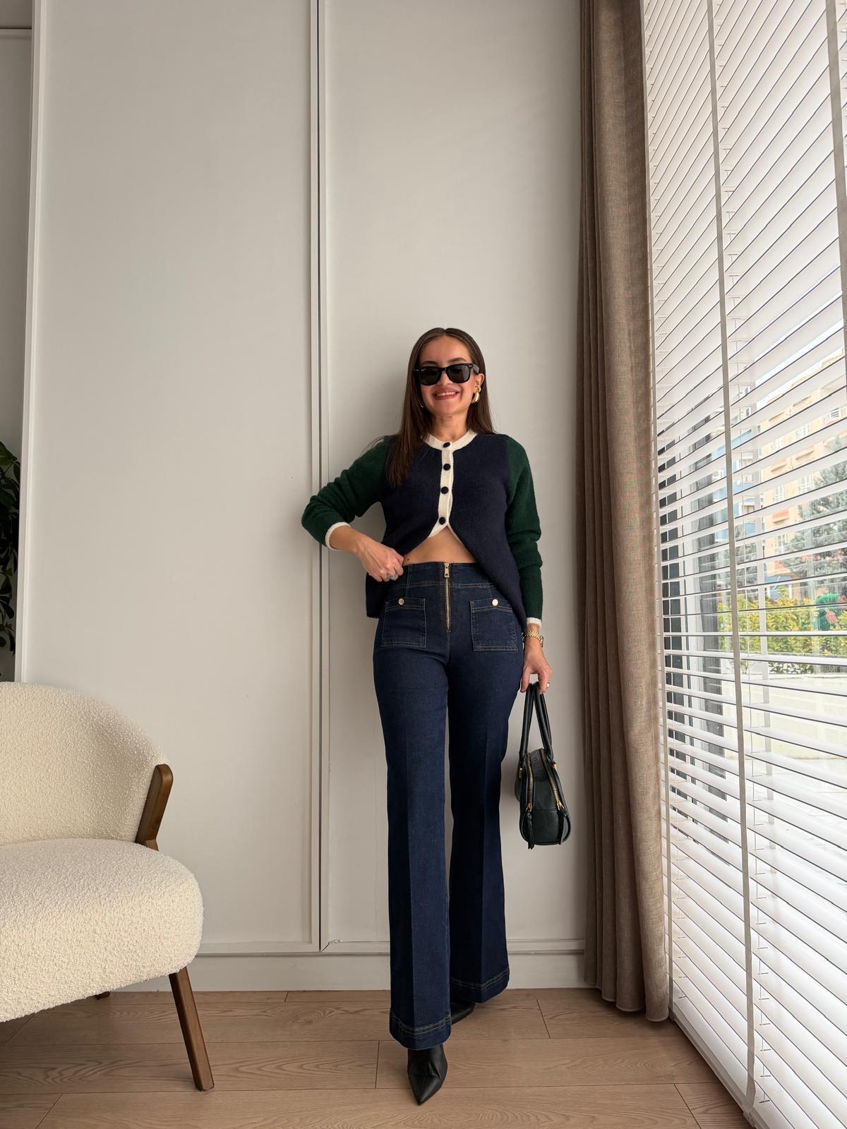 Lacivert Ön Cepli Fermuarlı İspanyol Paça Jean 25454