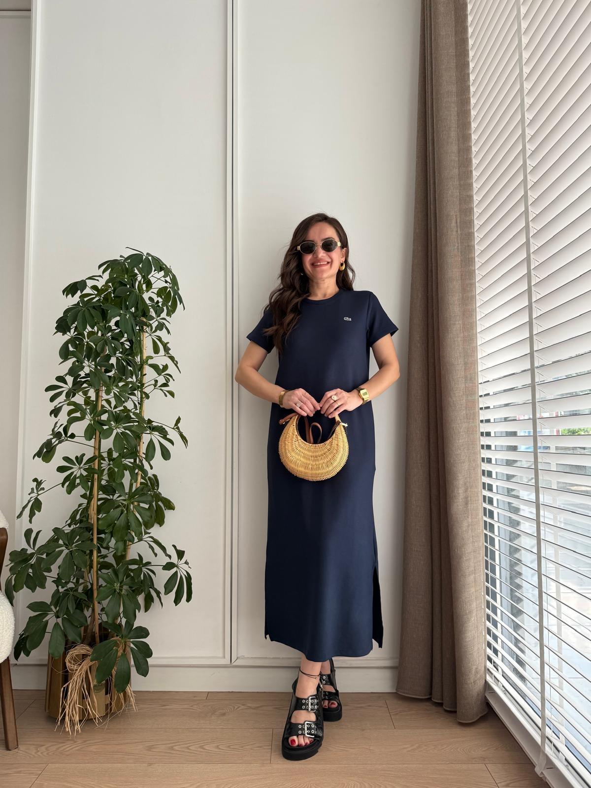 Lacivert Orjinal Marka Yanları Yırtmaçlı Elbise S02