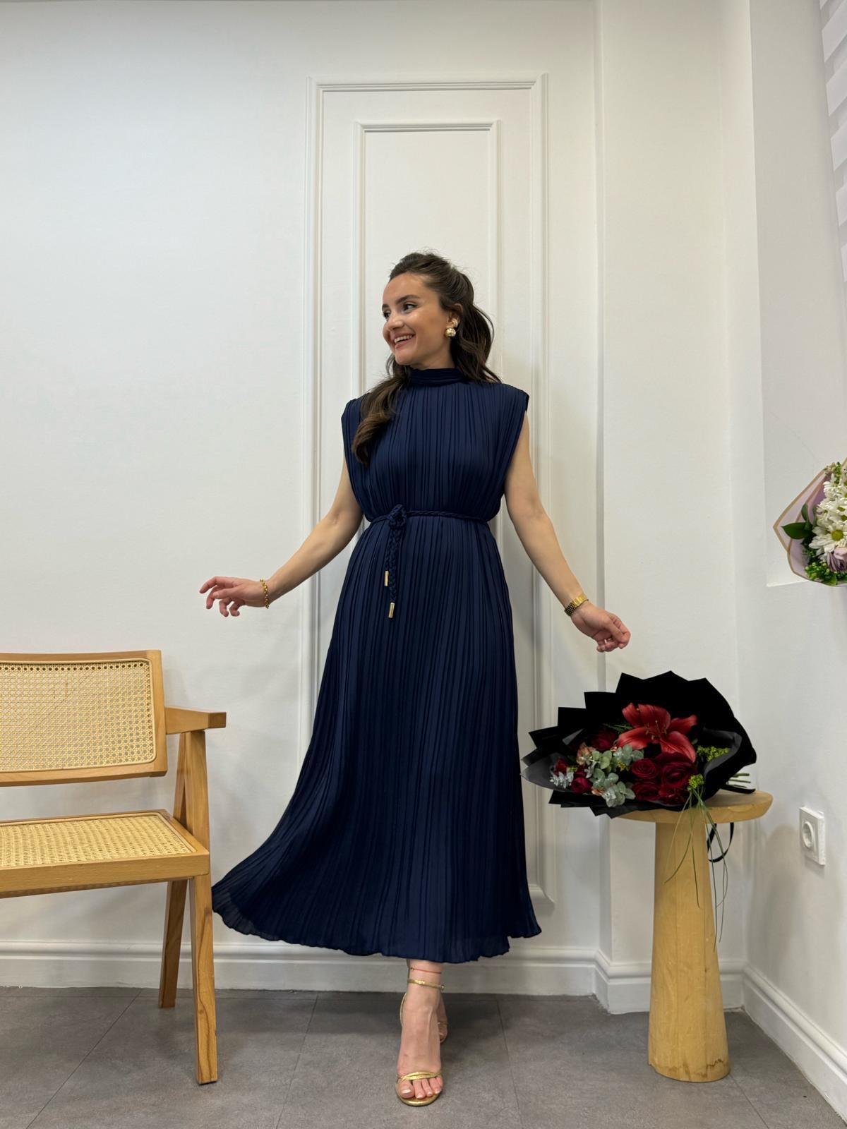 Lacivert Piliseli Örgü Kemerli Şifon Elbise 6146